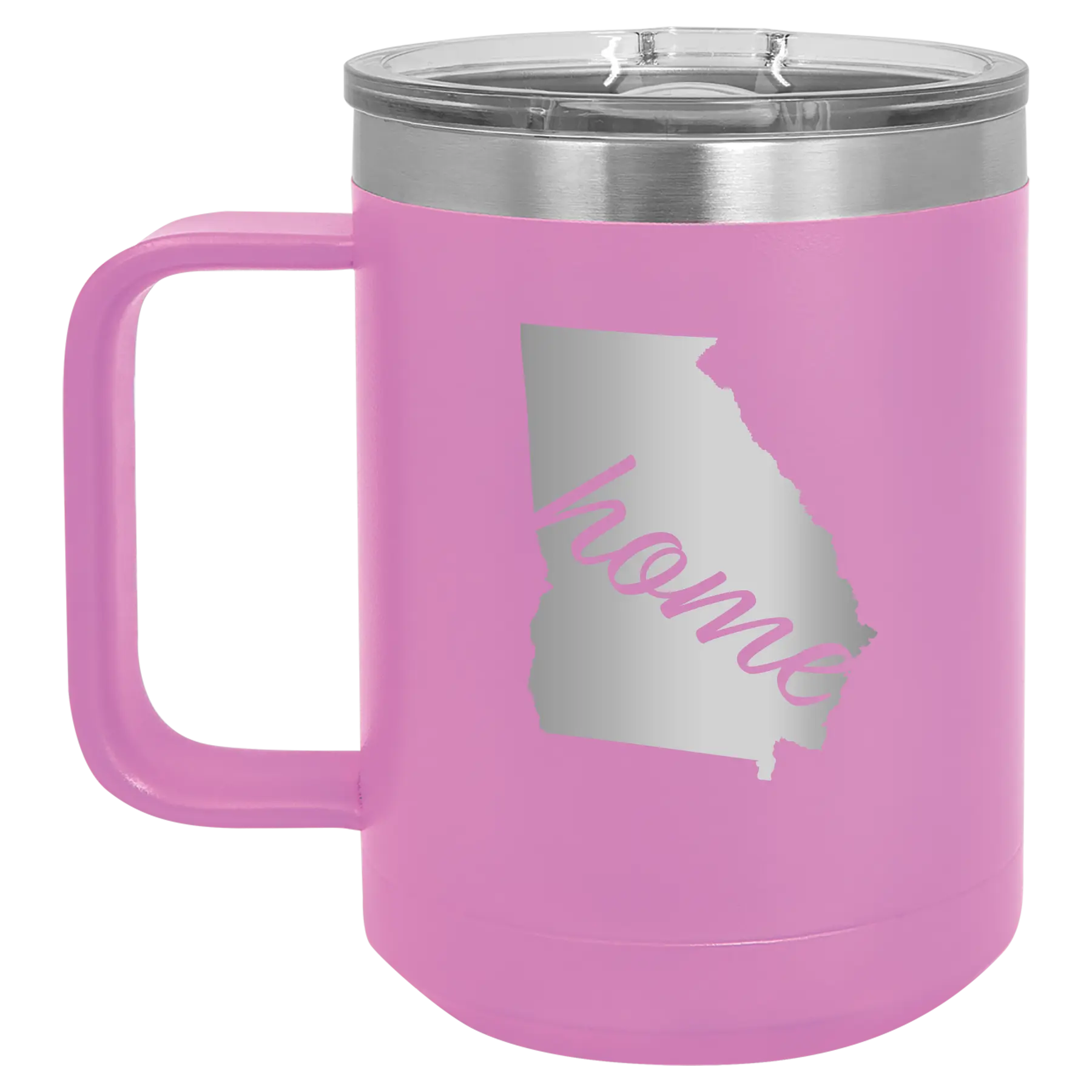 Laser etched light purple 15 oz vacuum insulated coffee mug with 'Georgia Home' design
