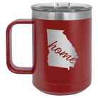 Laser etched maroon 15 oz vacuum insulated coffee mug with 'Georgia Home' design