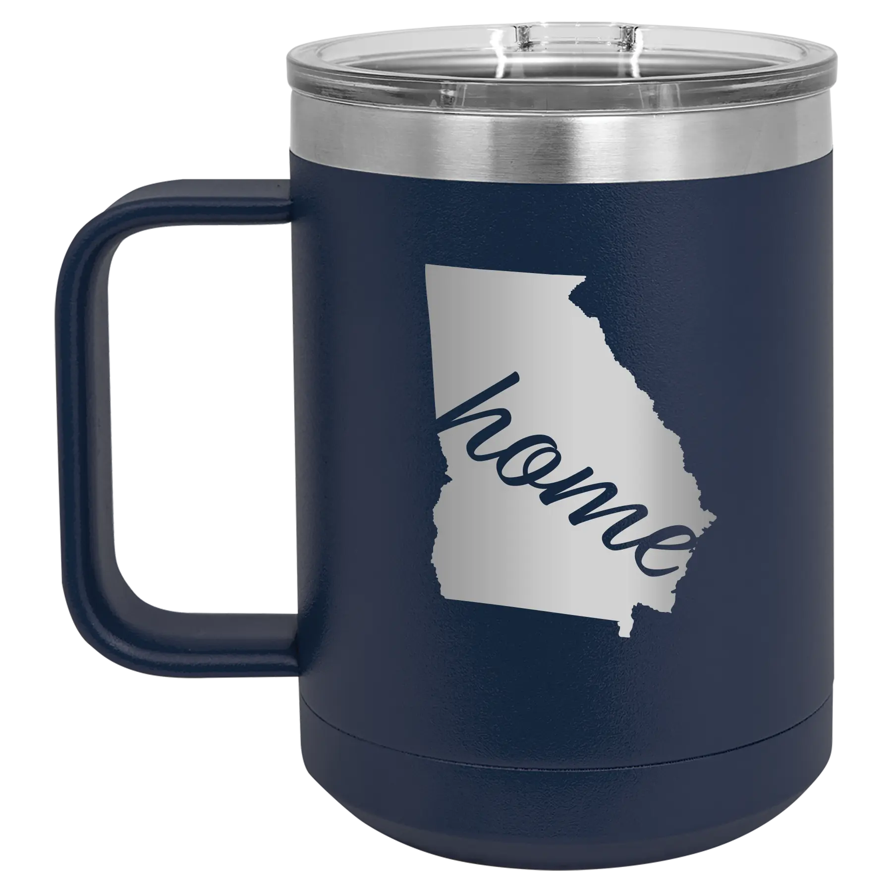 Laser etched navy 15 oz vacuum insulated coffee mug with 'Georgia Home' design