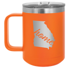 Laser etched orange 15 oz vacuum insulated coffee mug with 'Georgia Home' design