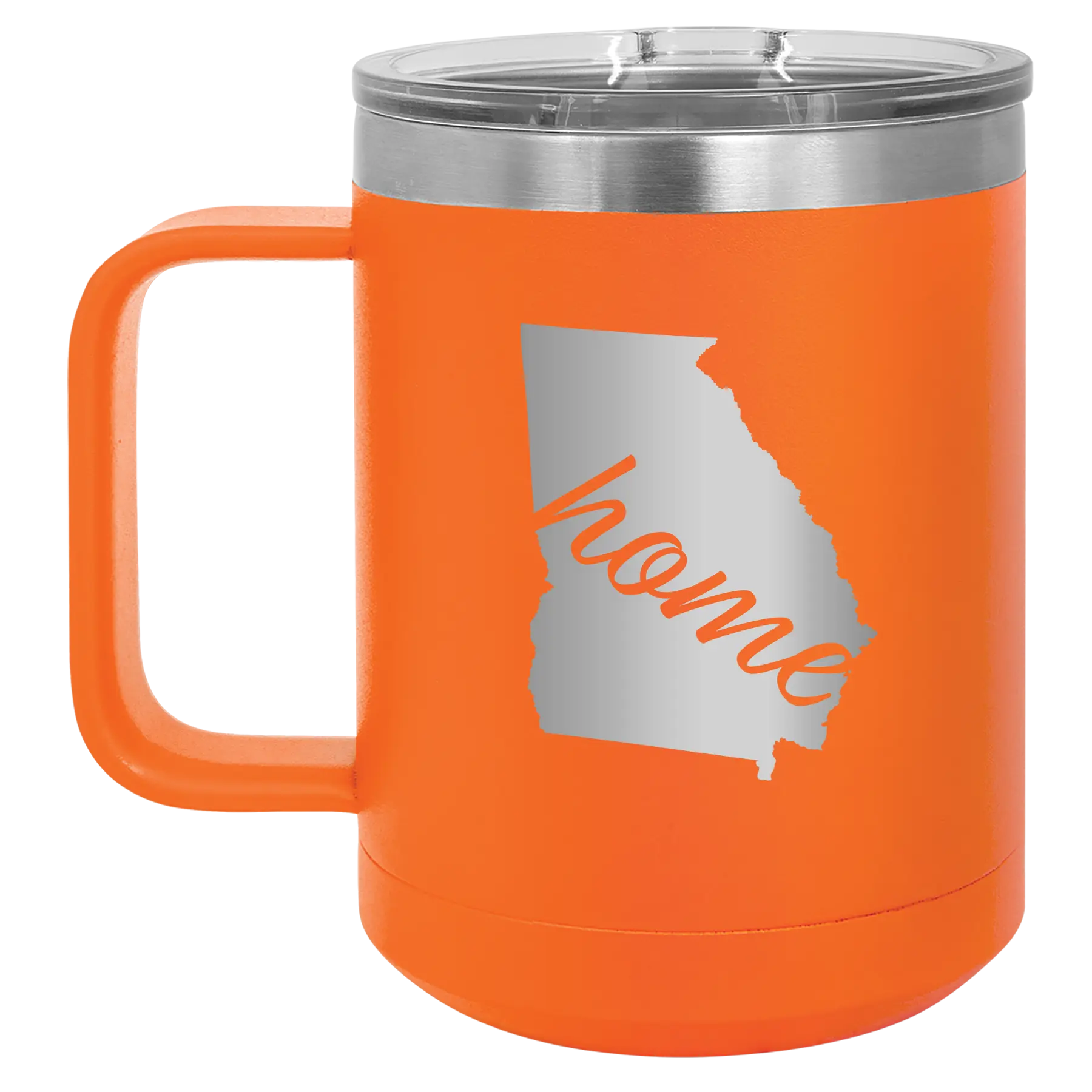Laser etched orange 15 oz vacuum insulated coffee mug with 'Georgia Home' design