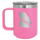 Laser etched pink 15 oz vacuum insulated coffee mug with 'Georgia Home' design