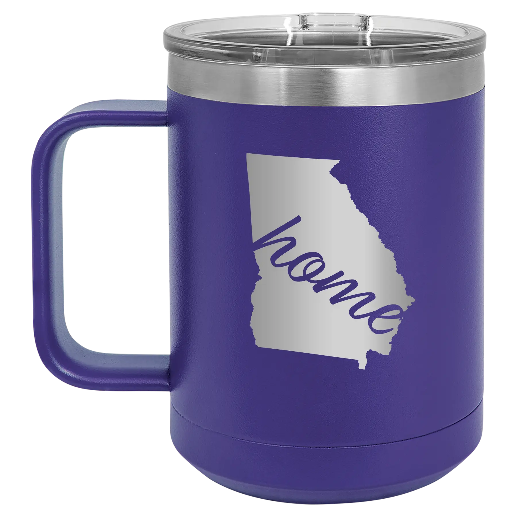 Laser etched purple 15 oz vacuum insulated coffee mug with 'Georgia Home' design