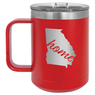 Laser etched red 15 oz vacuum insulated coffee mug with 'Georgia Home' design
