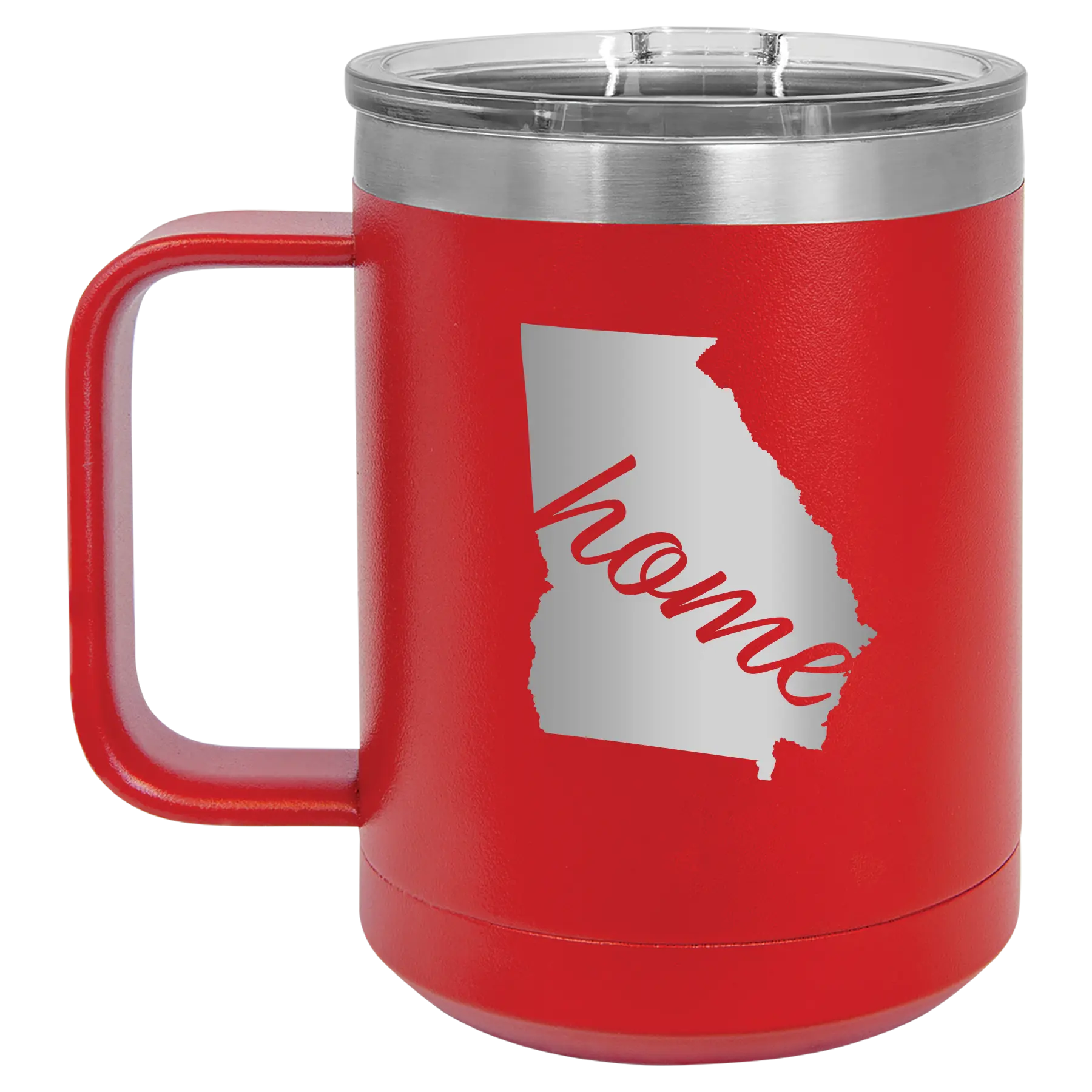Laser etched red 15 oz vacuum insulated coffee mug with 'Georgia Home' design