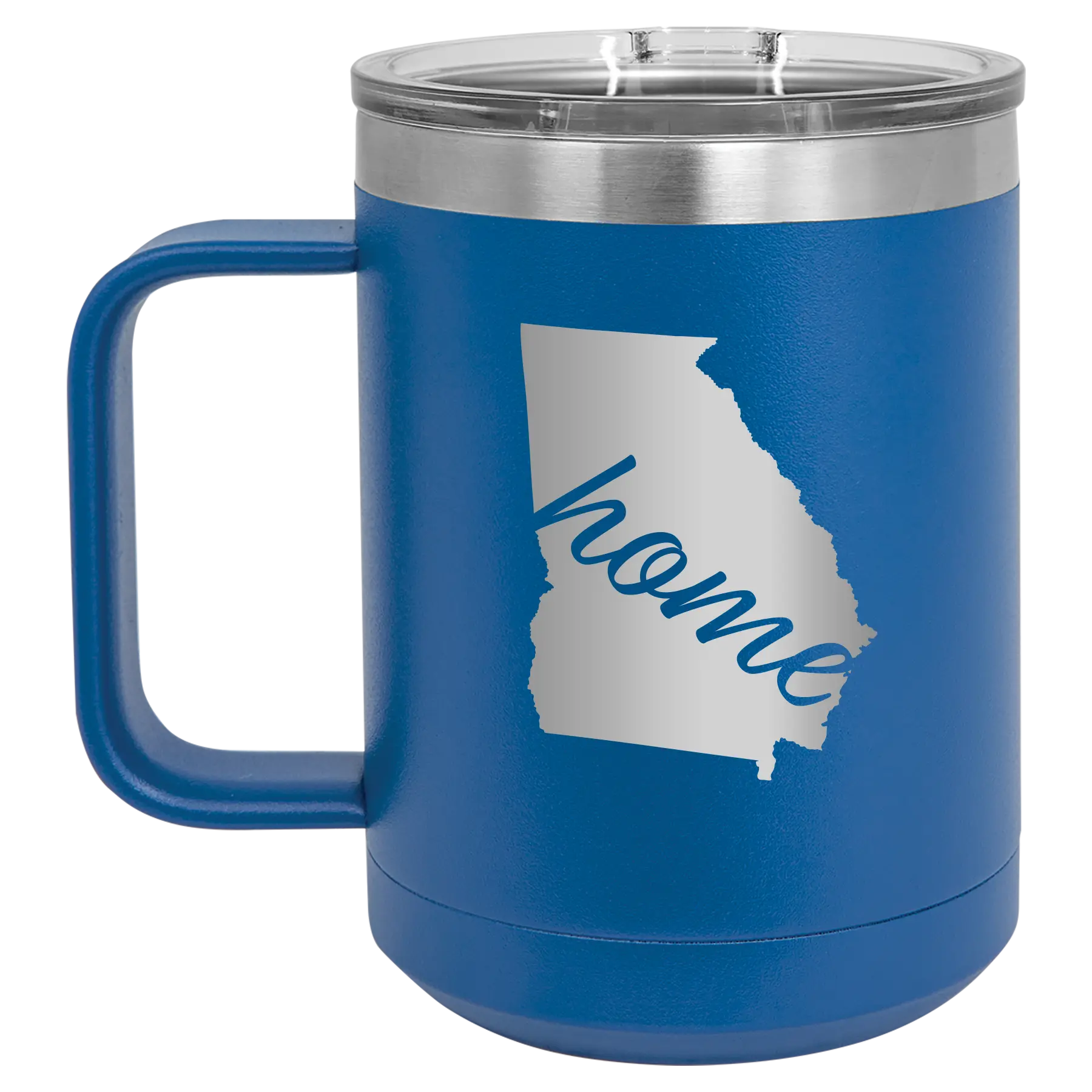 Laser etched royal blue 15 oz vacuum insulated coffee mug with 'Georgia Home' design