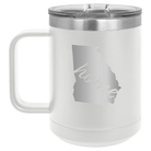 Laser etched white 15 oz vacuum insulated coffee mug with 'Georgia Home' design