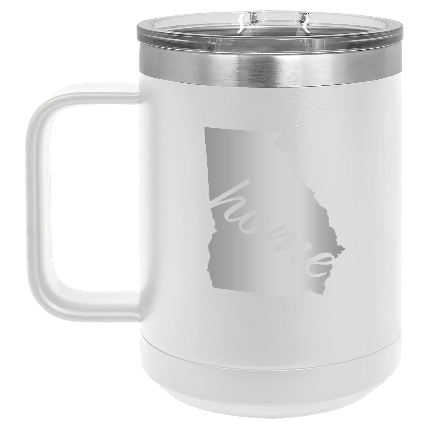Laser etched white 15 oz vacuum insulated coffee mug with 'Georgia Home' design