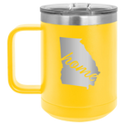 Laser etched yellow 15 oz vacuum insulated coffee mug with 'Georgia Home' design