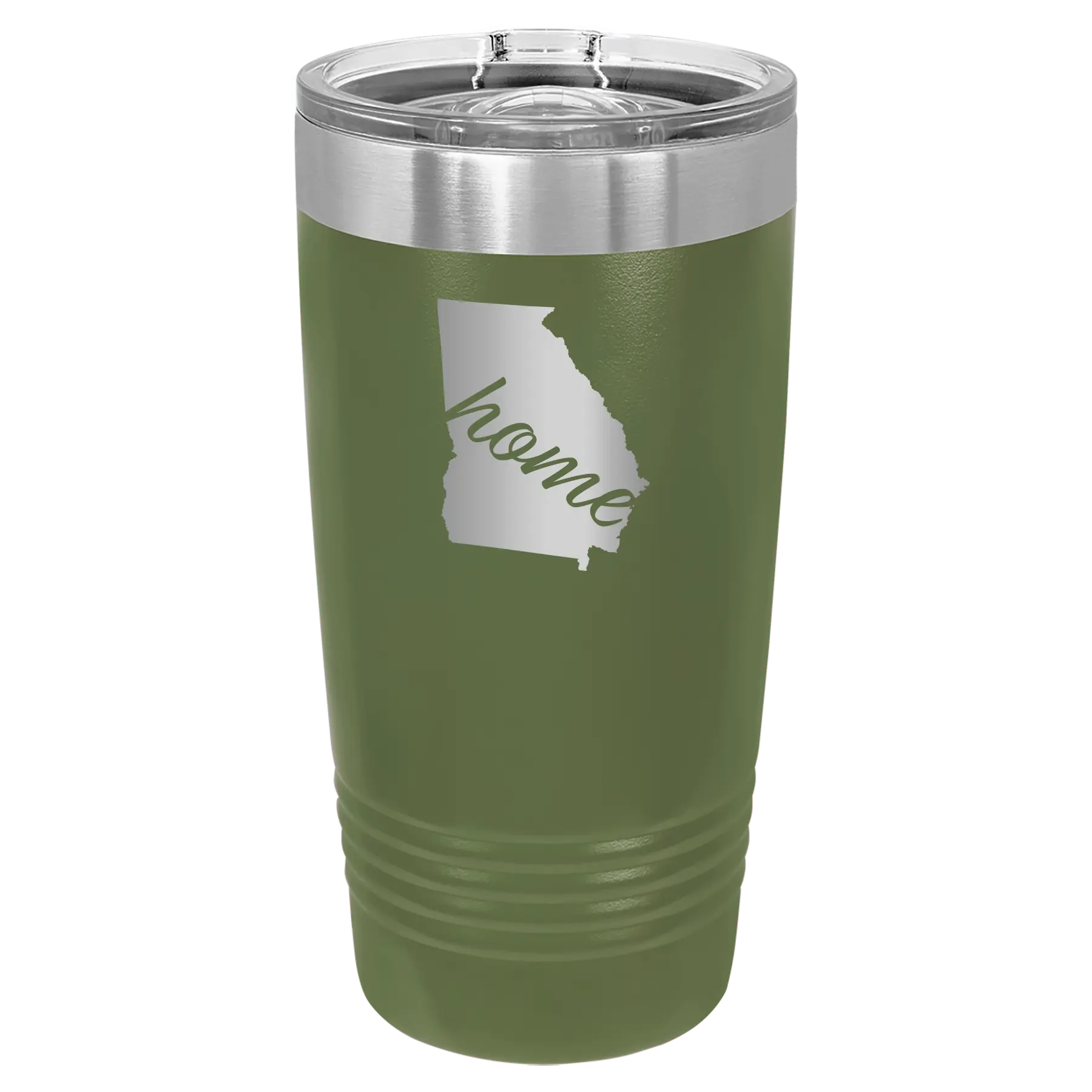 Laser etched olive green 20 oz vacuum insulated tumbler with 'Georgia Home' design