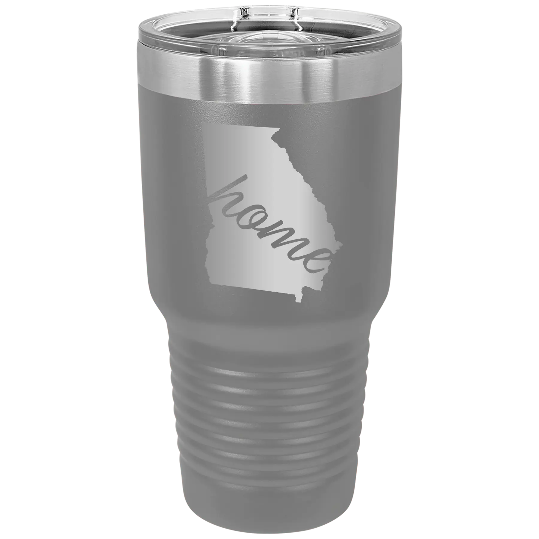 Laser etched dark gray 30 oz vacuum insulated tumbler with 'Georgia Home' design