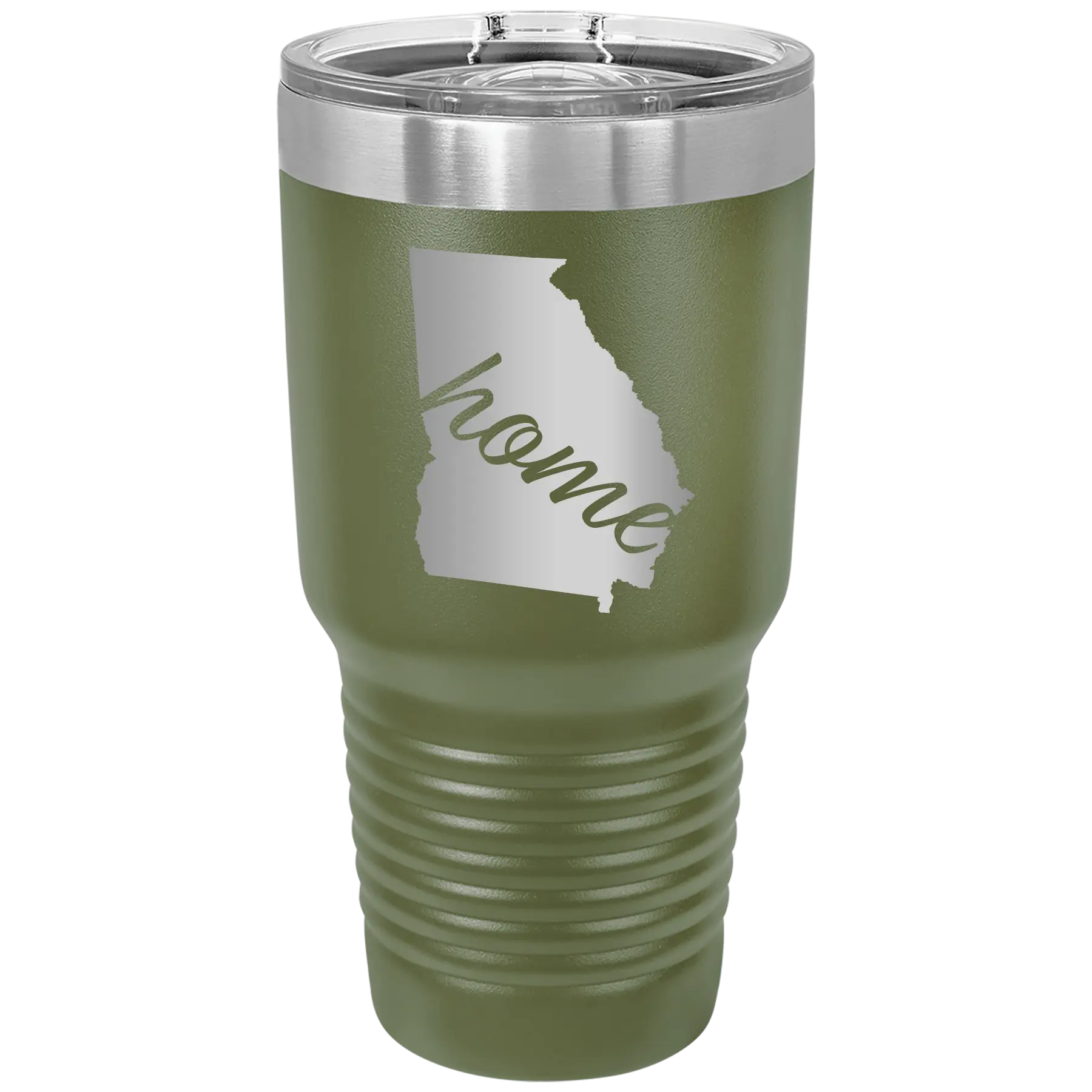 Laser etched olive green 30 oz vacuum insulated tumbler with 'Georgia Home' design