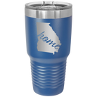 Laser etched royal blue 30 oz vacuum insulated tumbler with 'Georgia Home' design