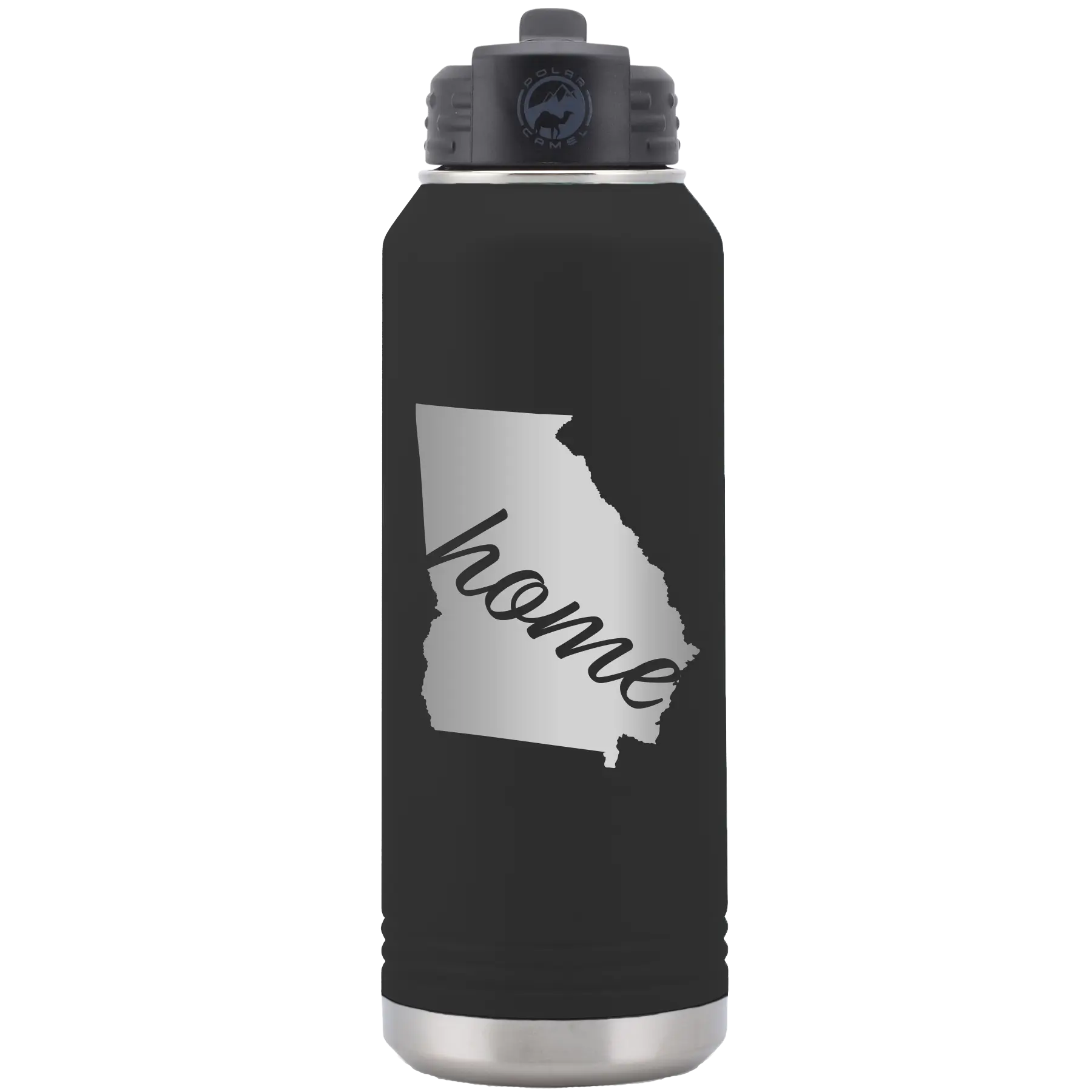 Laser etched black 32 oz vacuum insulated water bottle with 'Georgia Home' design
