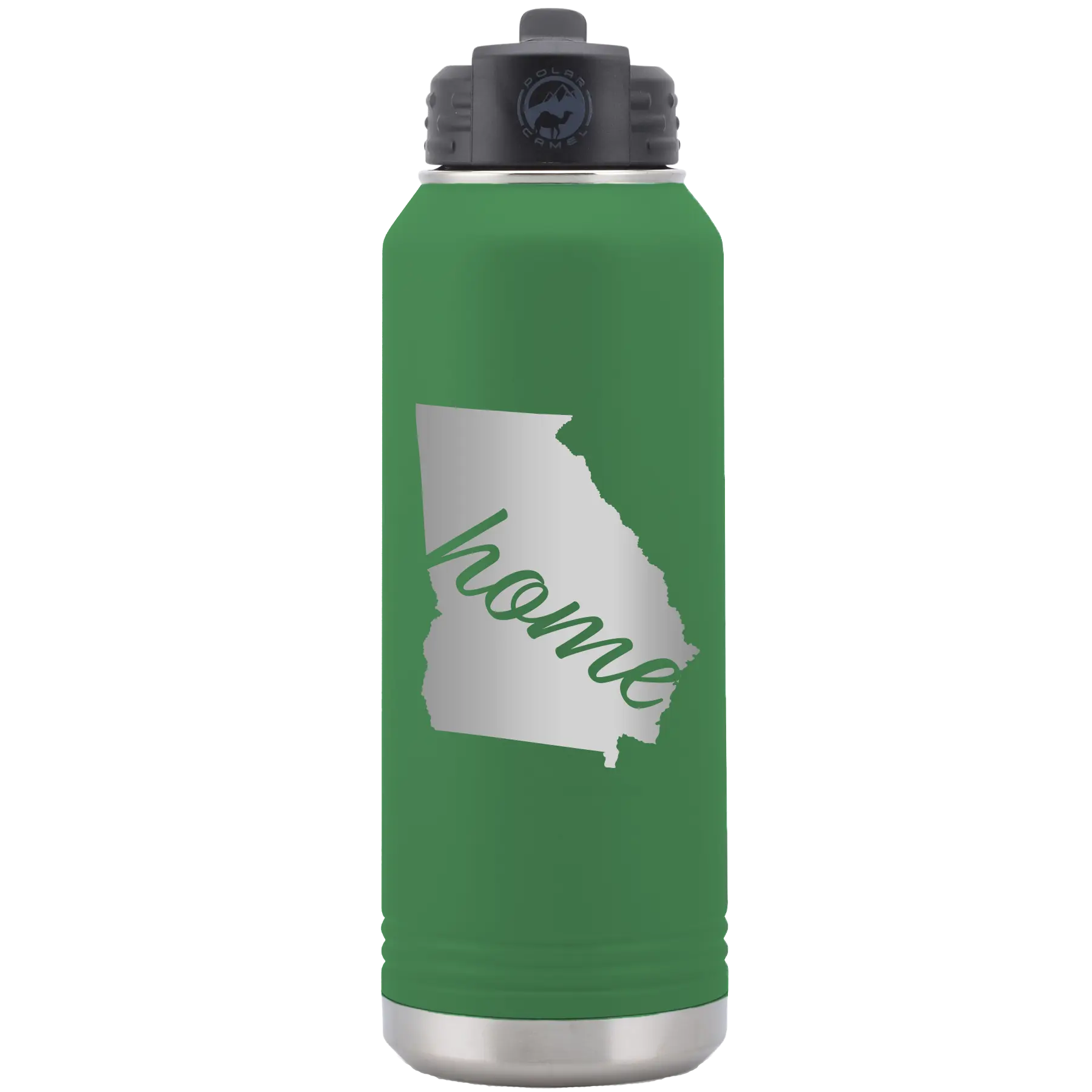 Laser etched green 32 oz vacuum insulated water bottle with 'Georgia Home' design