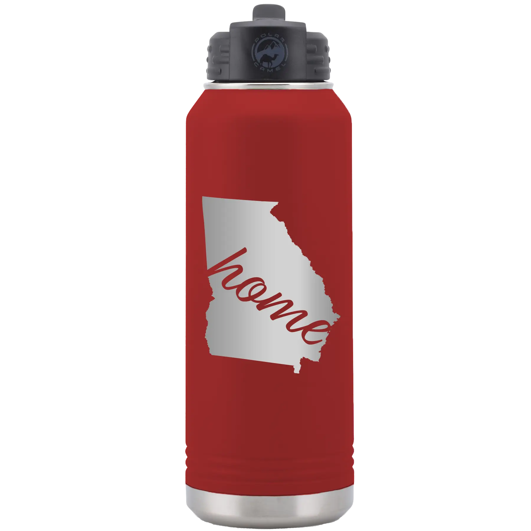 Laser etched maroon 32 oz vacuum insulated water bottle with 'Georgia Home' design