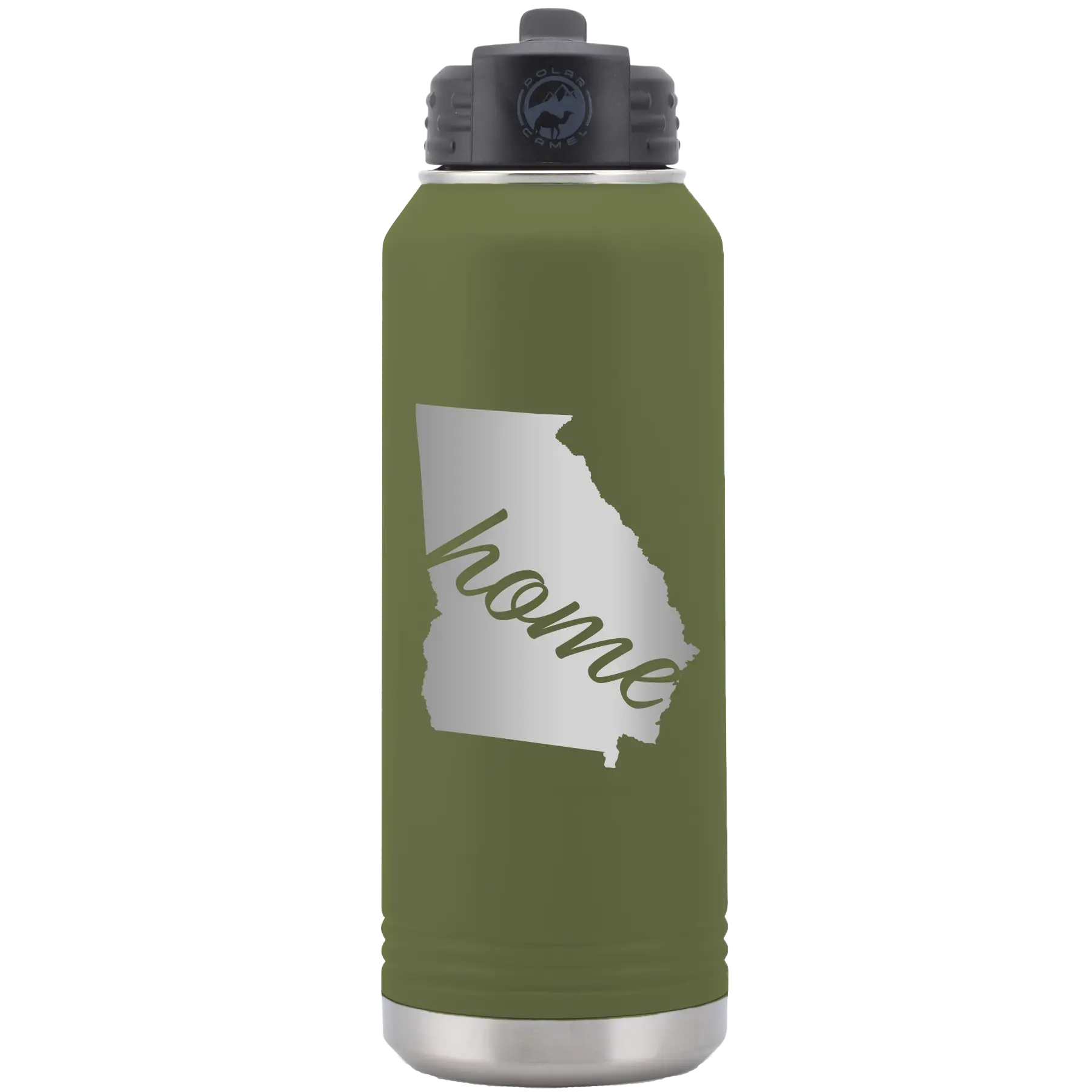 Laser etched olive green 32 oz vacuum insulated water bottle with 'Georgia Home' design