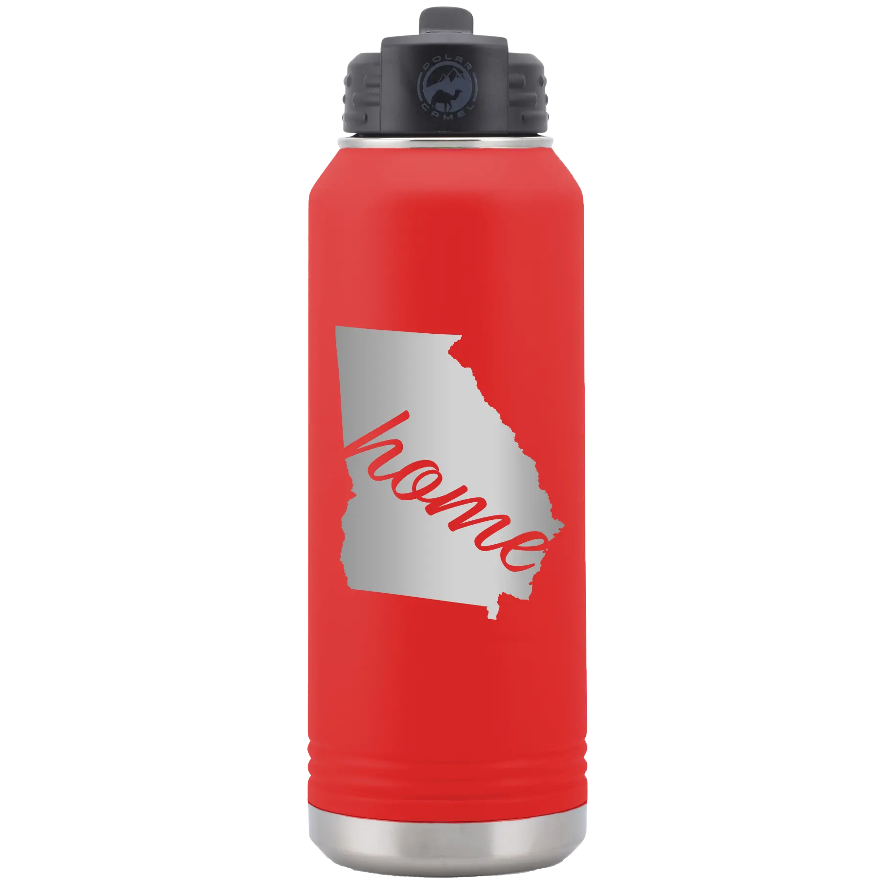 Laser etched red 32 oz vacuum insulated water bottle with 'Georgia Home' design