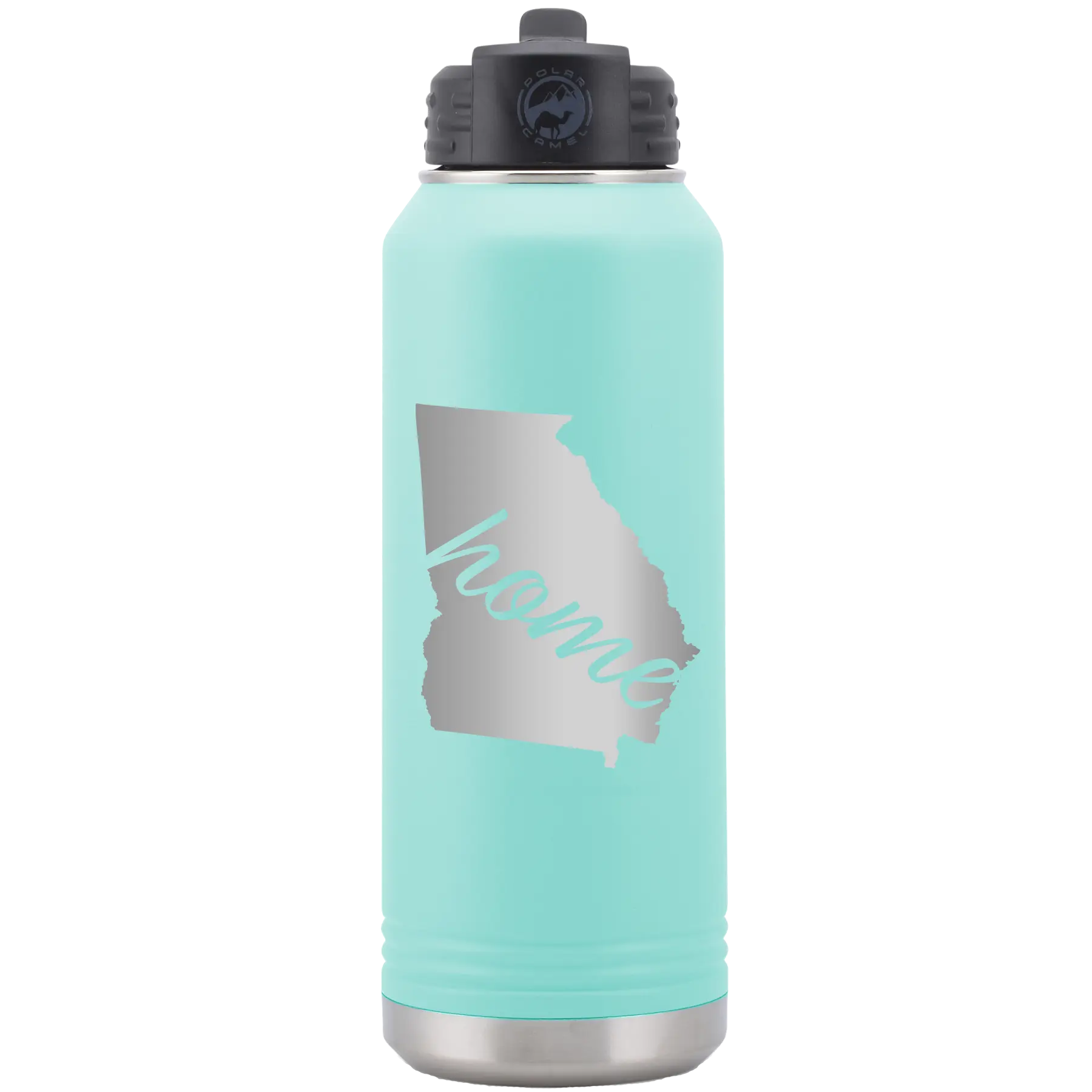 Laser etched teal 32 oz vacuum insulated water bottle with 'Georgia Home' design