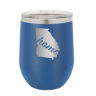 Laser etched royal blue 12 oz vacuum insulated wine cup with 'Georgia Home' design