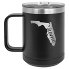 Laser etched black 15 oz vacuum insulated coffee mug with 'Florida Home' design