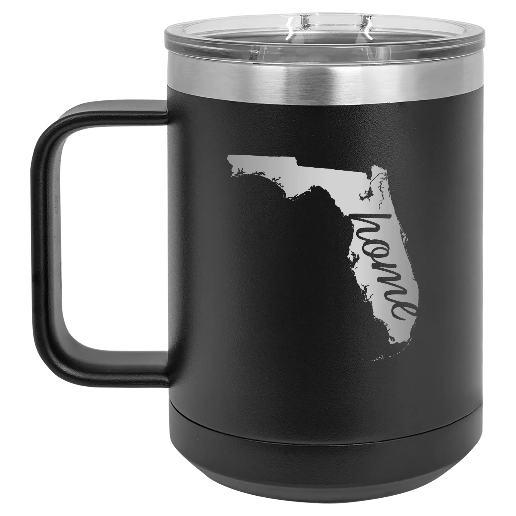 Laser etched black 15 oz vacuum insulated coffee mug with 'Florida Home' design