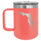 Laser etched coral 15 oz vacuum insulated coffee mug with 'Florida Home' design