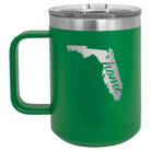 Laser etched green 15 oz vacuum insulated coffee mug with 'Florida Home' design