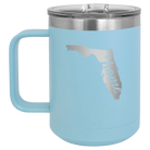 Laser etched light blue 15 oz vacuum insulated coffee mug with 'Florida Home' design