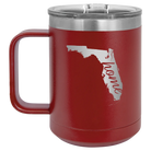 Laser etched maroon 15 oz vacuum insulated coffee mug with 'Florida Home' design
