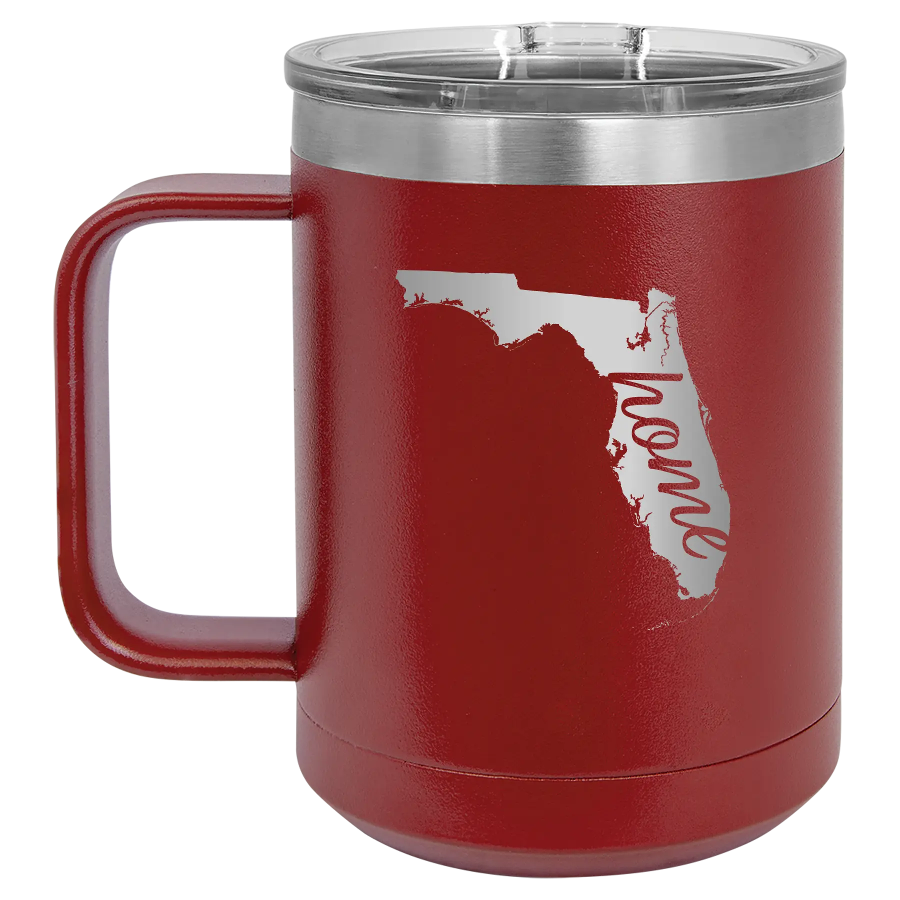 Laser etched maroon 15 oz vacuum insulated coffee mug with 'Florida Home' design