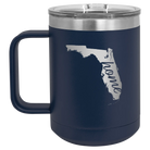 Laser etched navy 15 oz vacuum insulated coffee mug with 'Florida Home' design