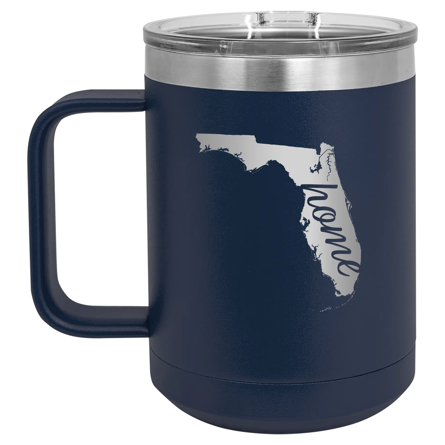 Laser etched navy 15 oz vacuum insulated coffee mug with 'Florida Home' design