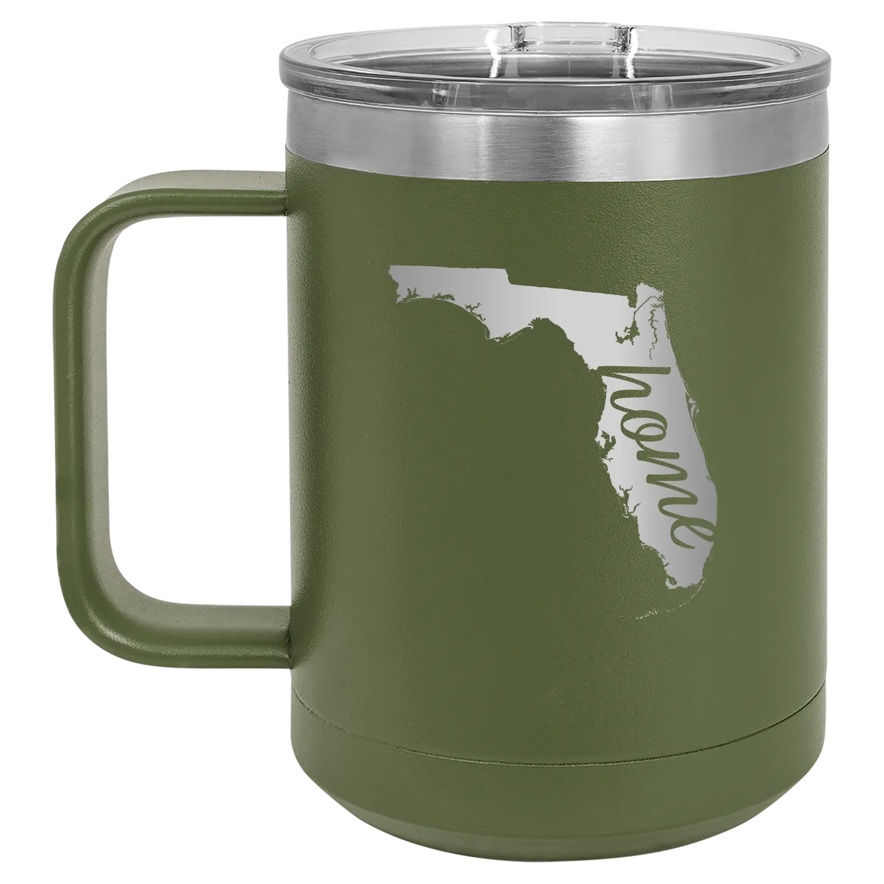Laser etched olive green 15 oz vacuum insulated coffee mug with 'Florida Home' design