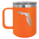 Laser etched orange 15 oz vacuum insulated coffee mug with 'Florida Home' design