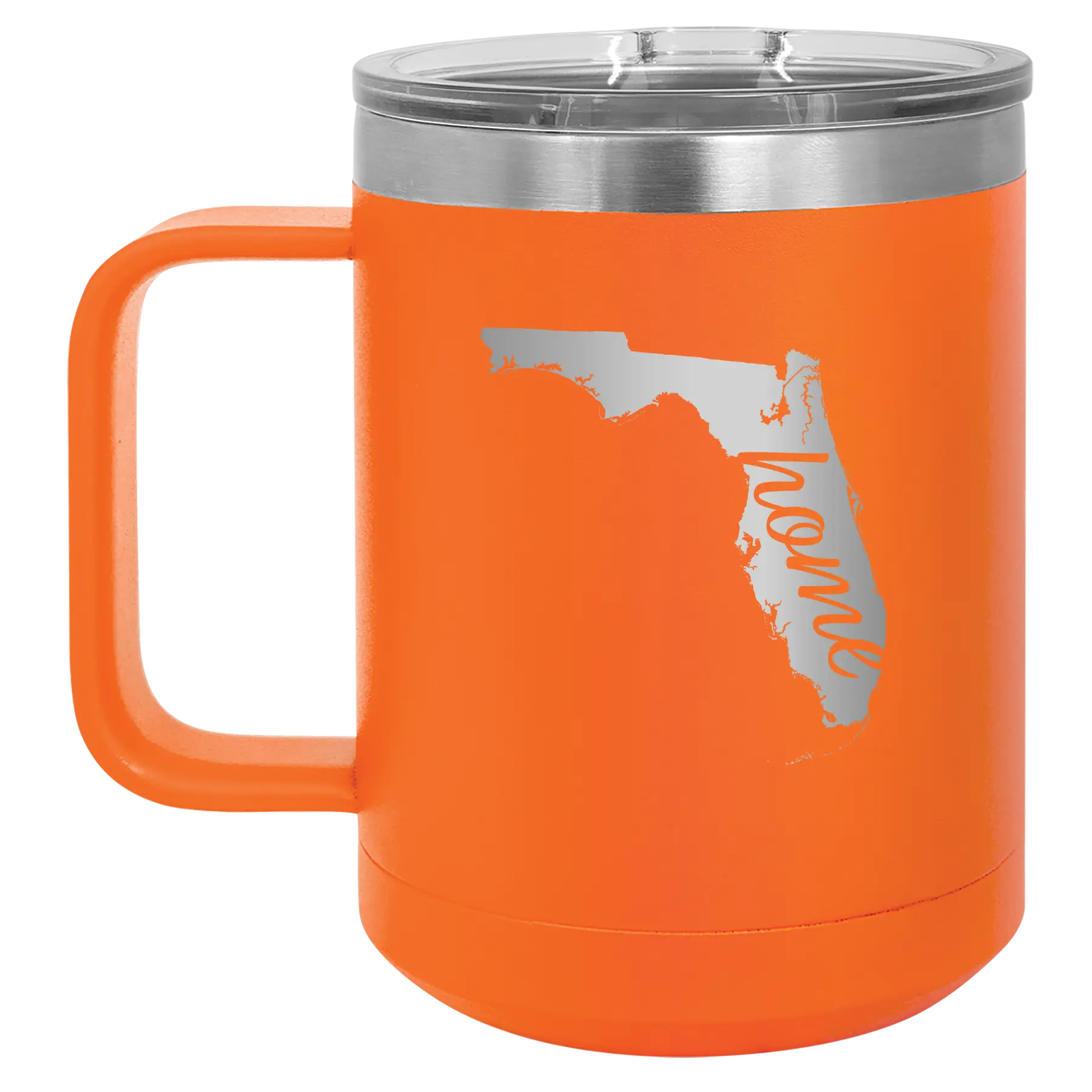 Laser etched orange 15 oz vacuum insulated coffee mug with 'Florida Home' design