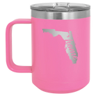 Laser etched pink 15 oz vacuum insulated coffee mug with 'Florida Home' design