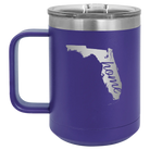 Laser etched purple 15 oz vacuum insulated coffee mug with 'Florida Home' design