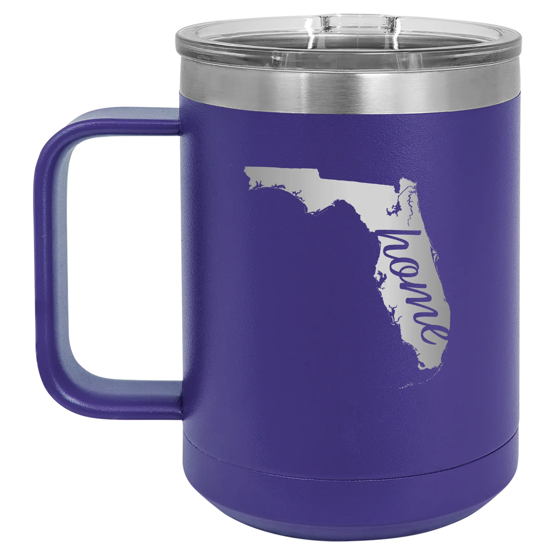 Laser etched purple 15 oz vacuum insulated coffee mug with 'Florida Home' design