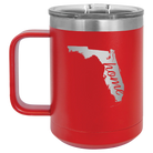 Laser etched red 15 oz vacuum insulated coffee mug with 'Florida Home' design