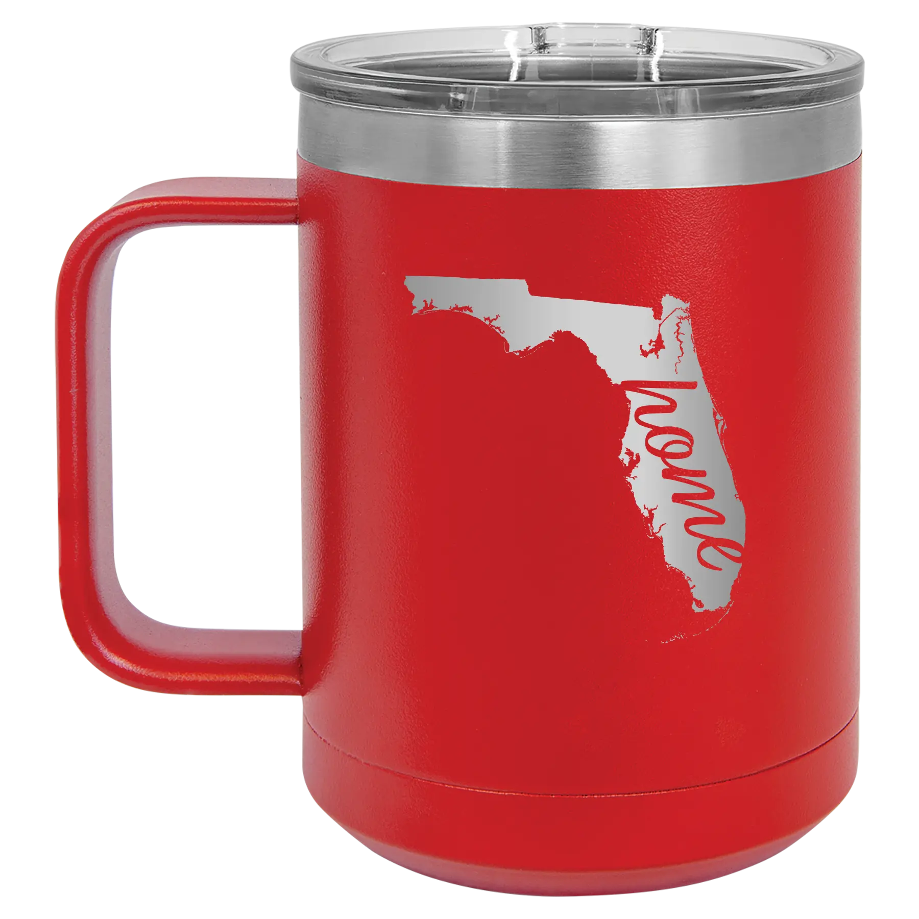 Laser etched red 15 oz vacuum insulated coffee mug with 'Florida Home' design