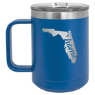 Laser etched royal blue 15 oz vacuum insulated coffee mug with 'Florida Home' design