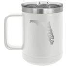 Laser etched white 15 oz vacuum insulated coffee mug with 'Florida Home' design