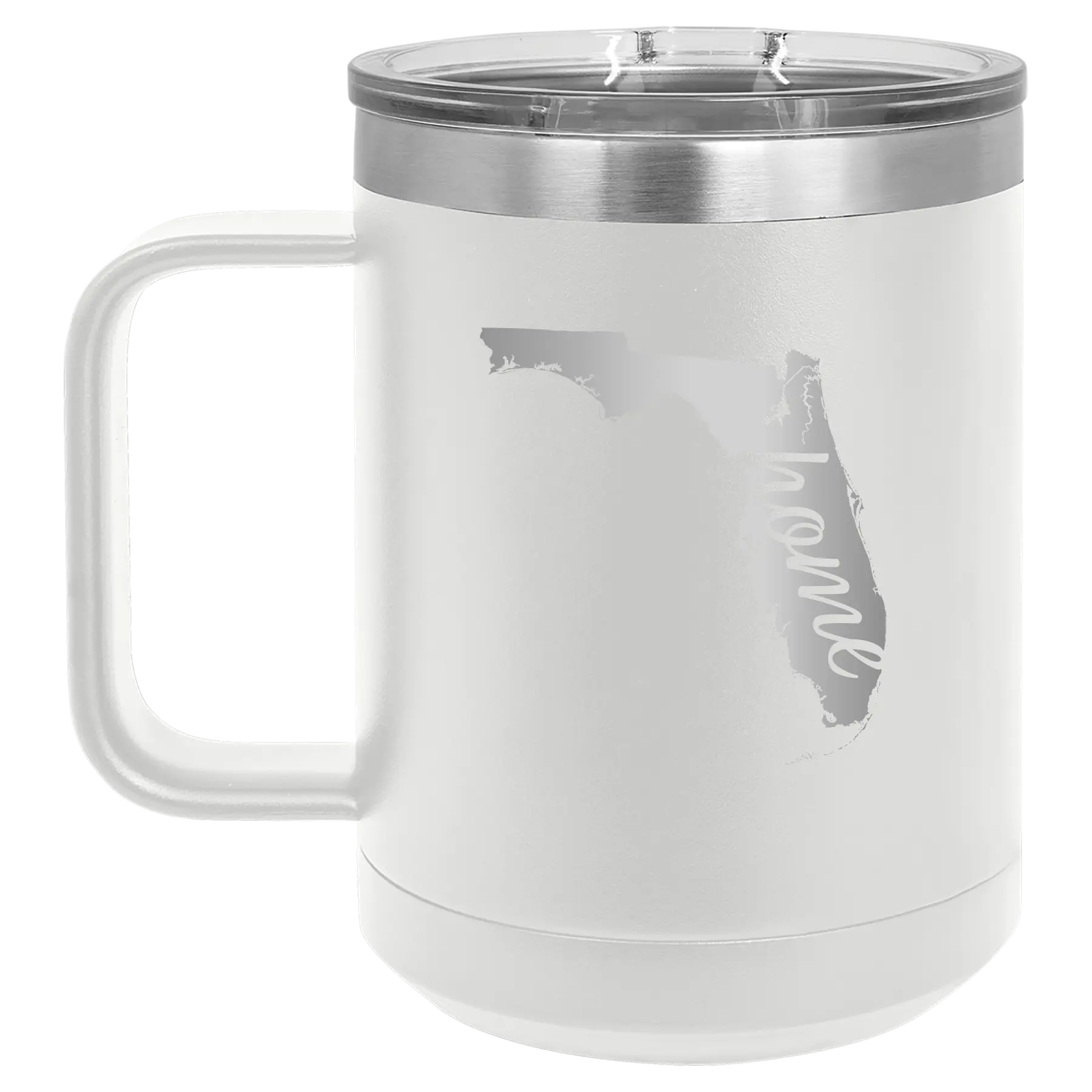 Laser etched white 15 oz vacuum insulated coffee mug with 'Florida Home' design