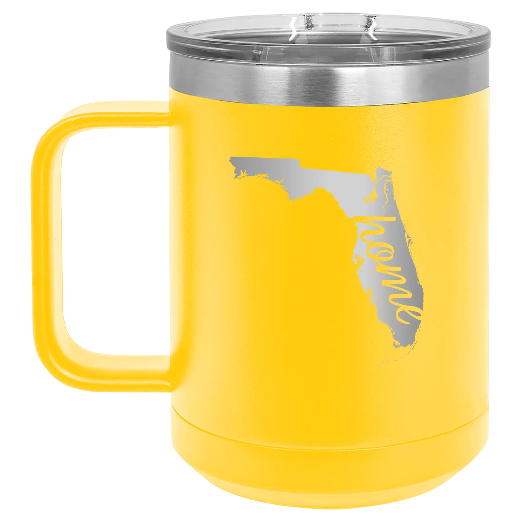 Laser etched yellow 15 oz vacuum insulated coffee mug with 'Florida Home' design