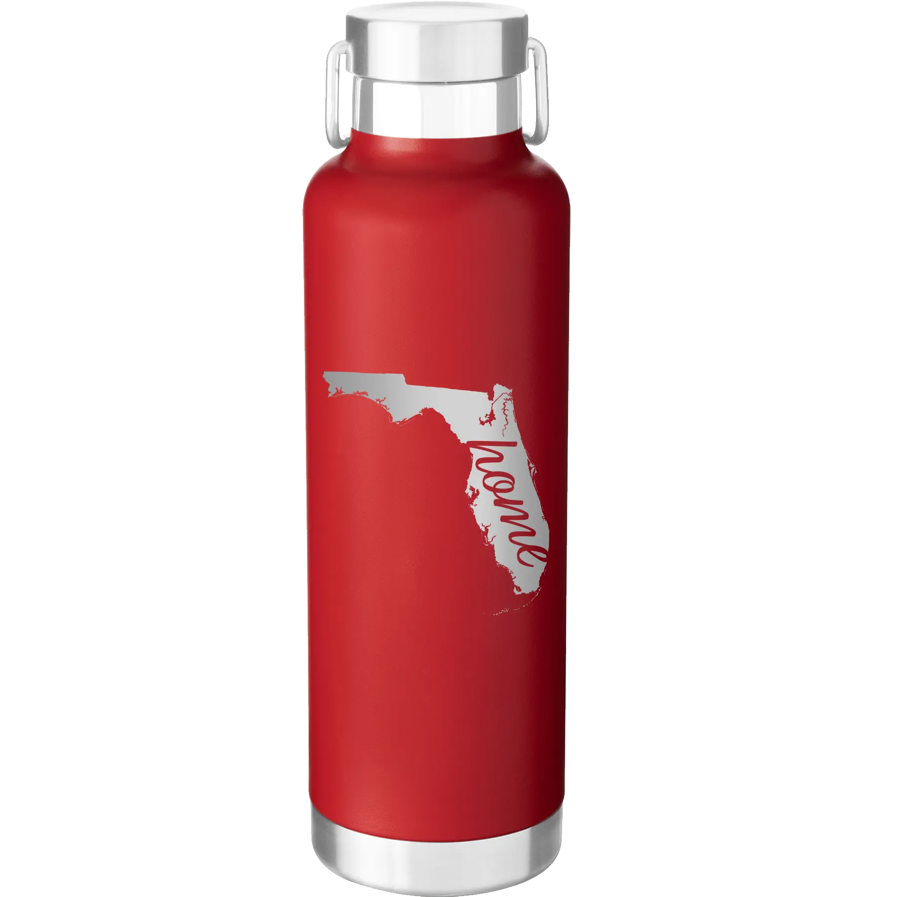 Laser etched red 24 oz vacuum insulated water bottle with 'Florida Home' design