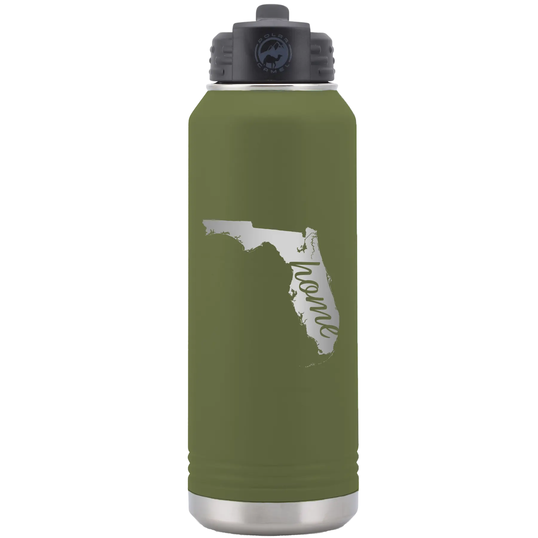 Laser etched olive green 32 oz vacuum insulated water bottle with 'Florida Home' design