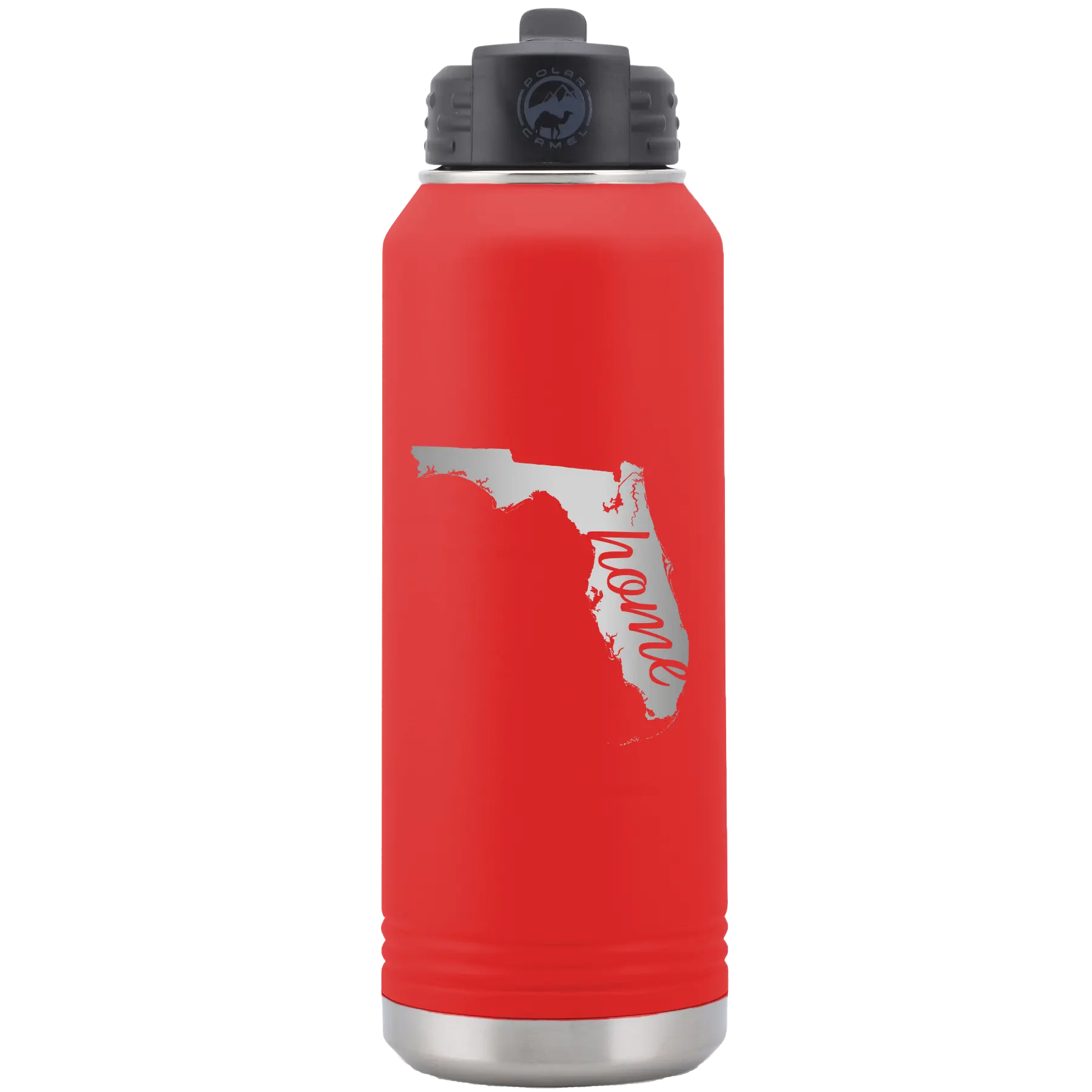 Laser etched red 32 oz vacuum insulated water bottle with 'Florida Home' design