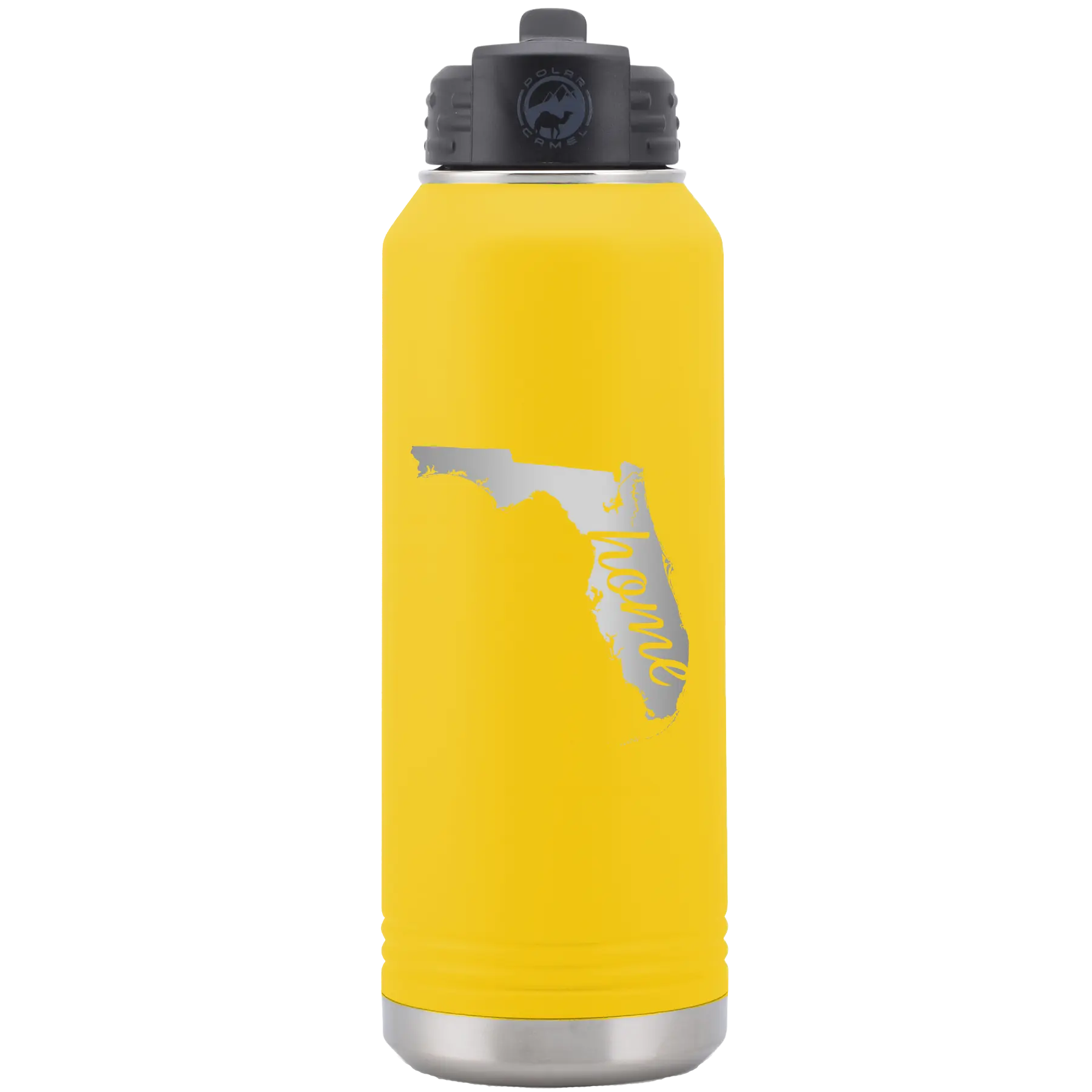 Laser etched yellow 32 oz vacuum insulated water bottle with 'Florida Home' design