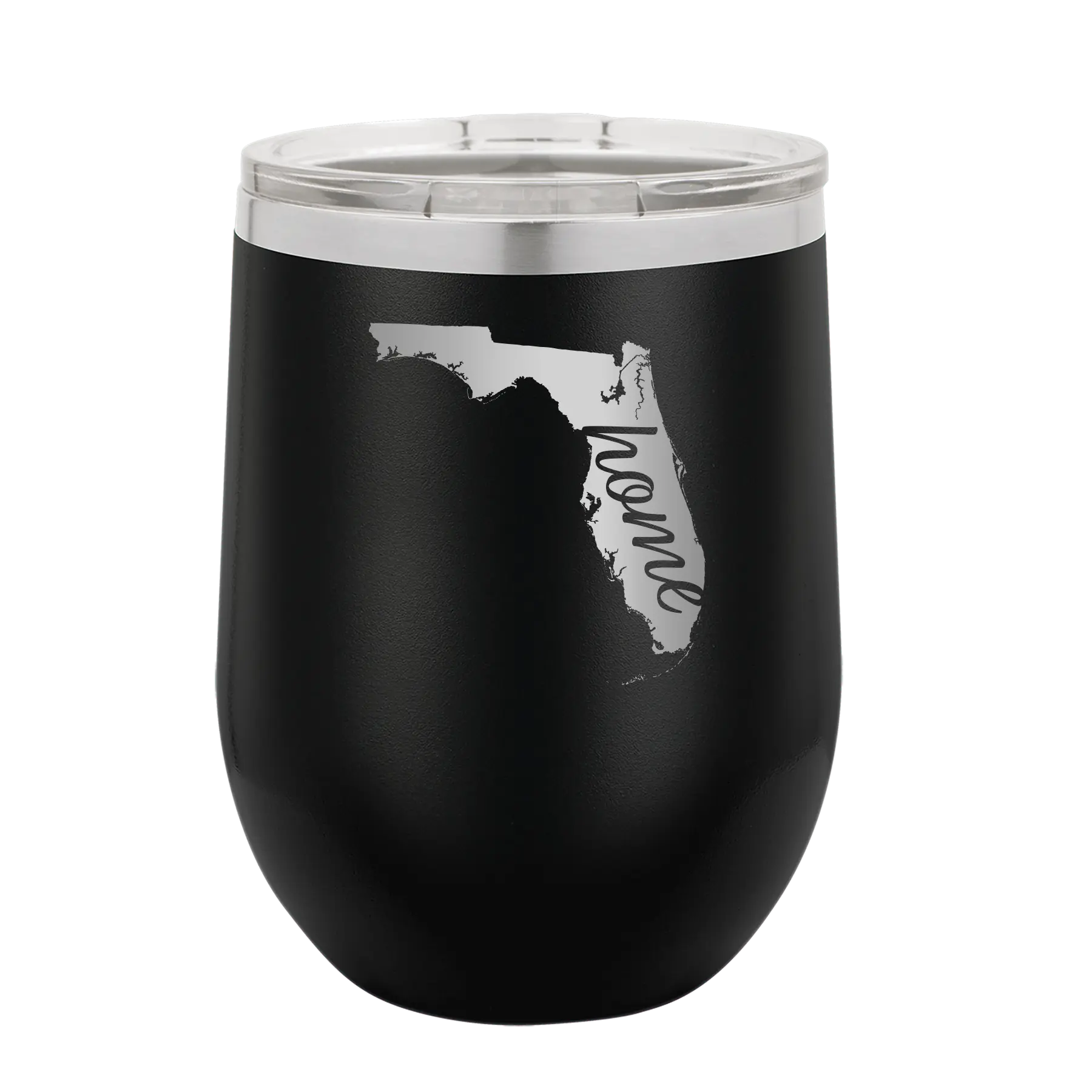 Laser etched black 12 oz vacuum insulated wine cup with 'Florida Home' design